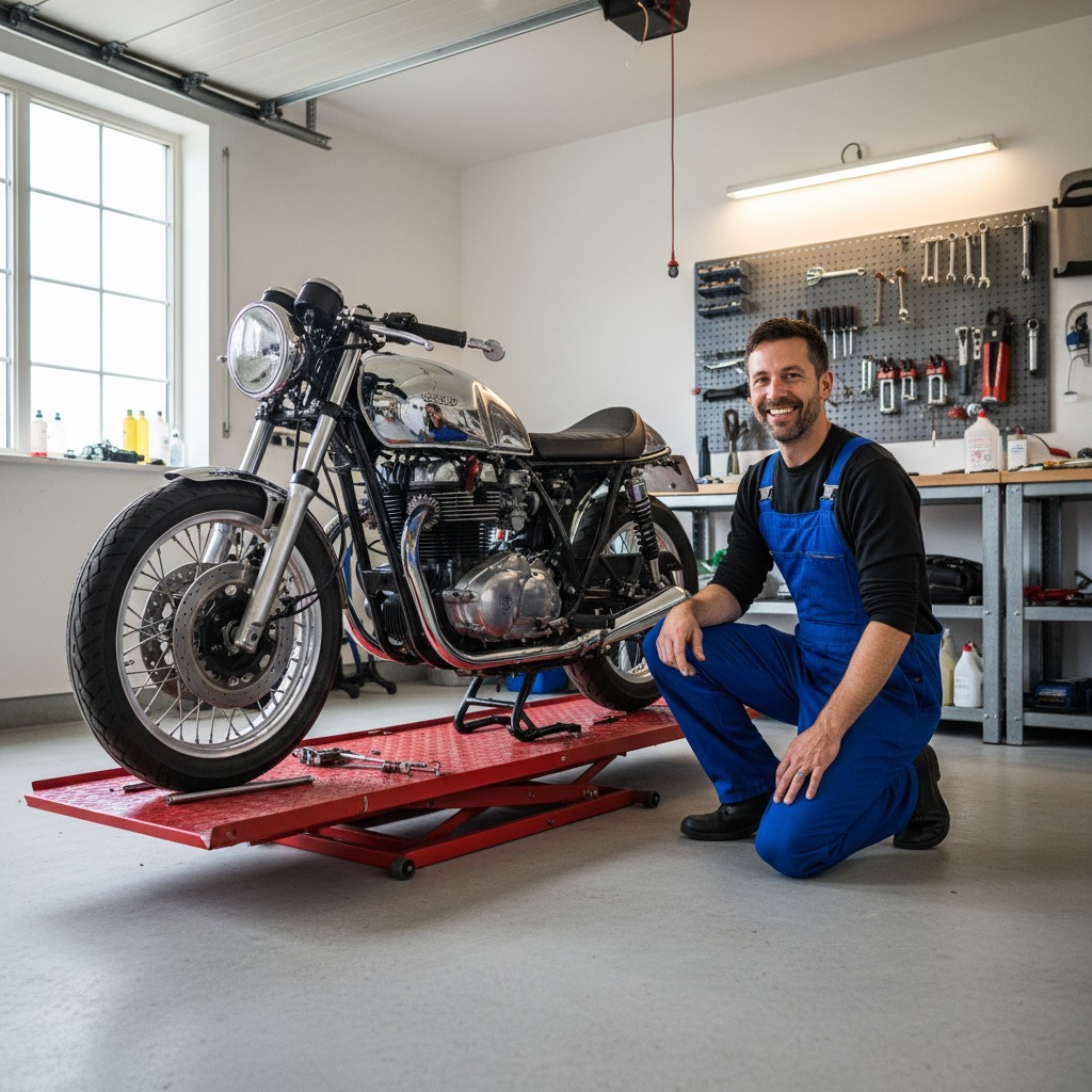 Mechanik w niebieskich ogrodniczkach uśmiecha się obok klasycznego motocykla stojącego na czerwonym podnośniku w warsztacie.